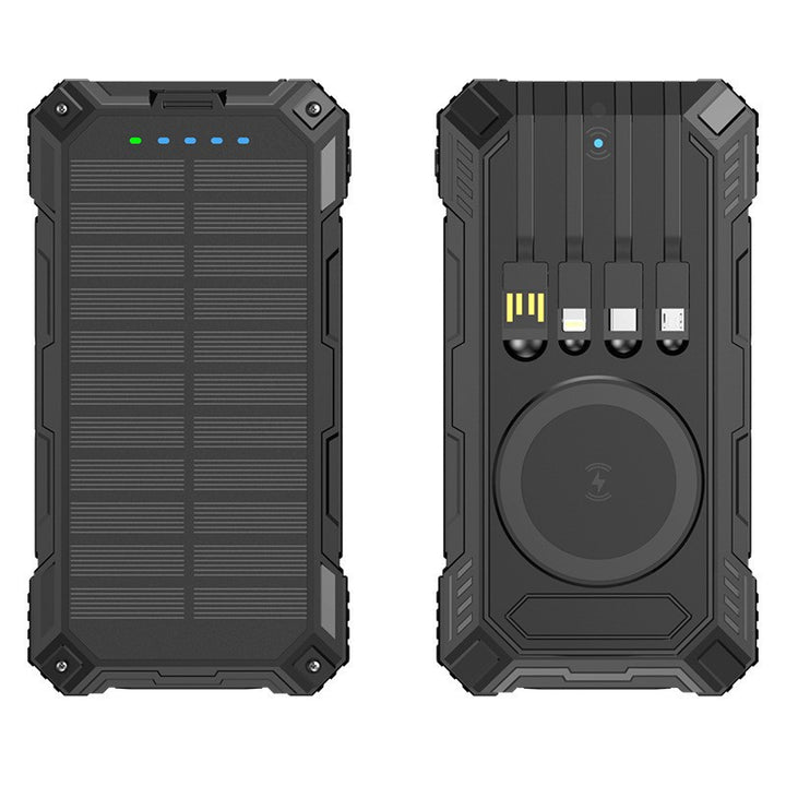 Robust Solar Power Bank with Multifunctional Charging Cable and Integrated Qi Charger Bowlift