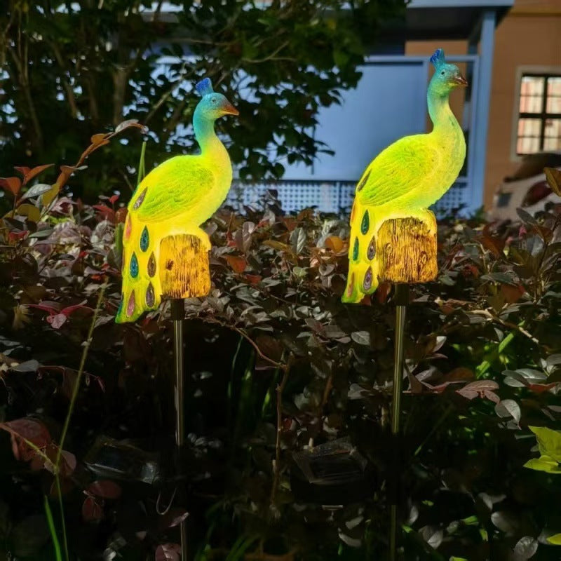 Solar-Powered Resin Peacock Garden Stake Lights With LED Glow And Weatherproof Metal Stakes Bowlift