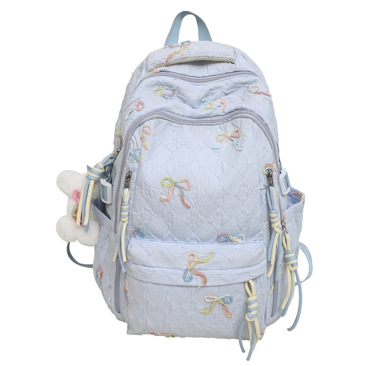 Quilted Embroidered Bow-Design Backpack Bowlift