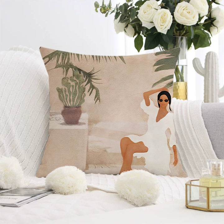 Decorative square pillow cover with abstract line drawing and cotton-linen mix Bowlift