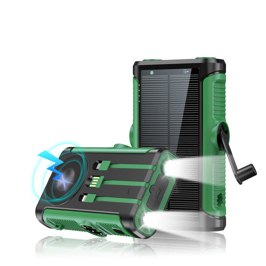 Portable solar battery with integrated hand crank charger Bowlift