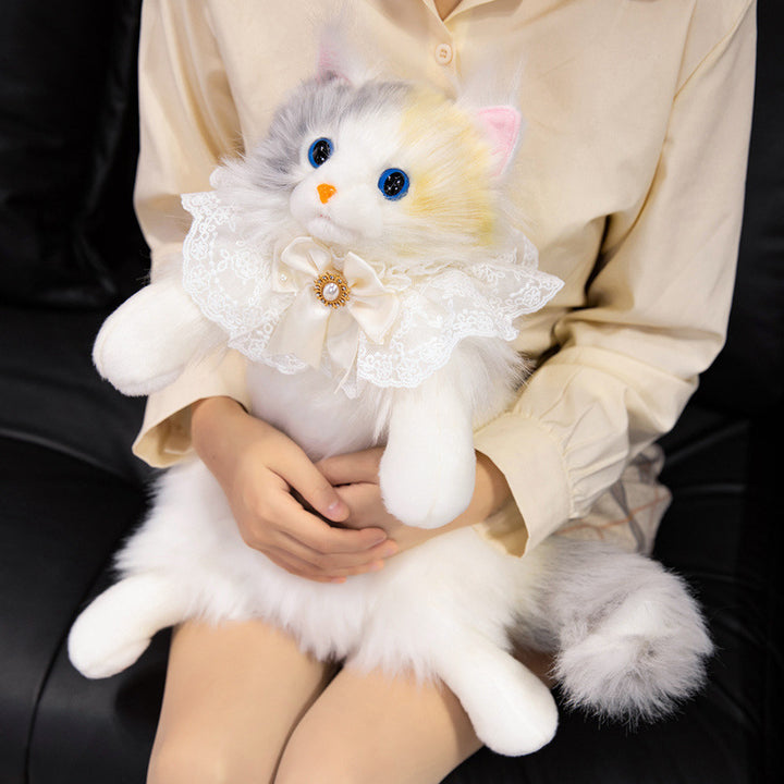 Plush Sitting Cat Decorative Doll with Lace Ruffle Collar & Jeweled Bow Bowlift