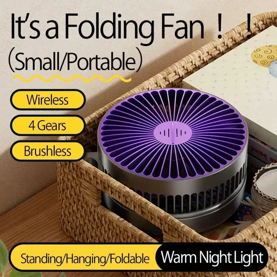 Unisex one size compact folding rechargeable USB Type C desk fan with adjustable tilt angle and integrated LED night light Bowlift