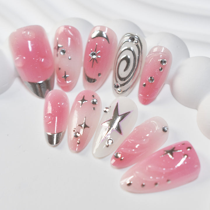 Artistic Star-Embellished Press-On Nail Design Bowlift