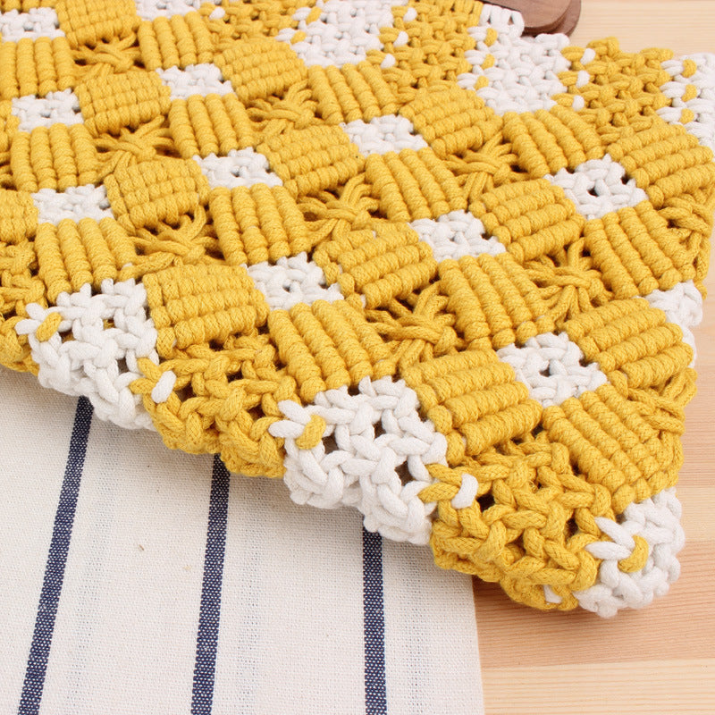 Macrame Tote Bag with Wooden Handles and Floral Details Bowlift