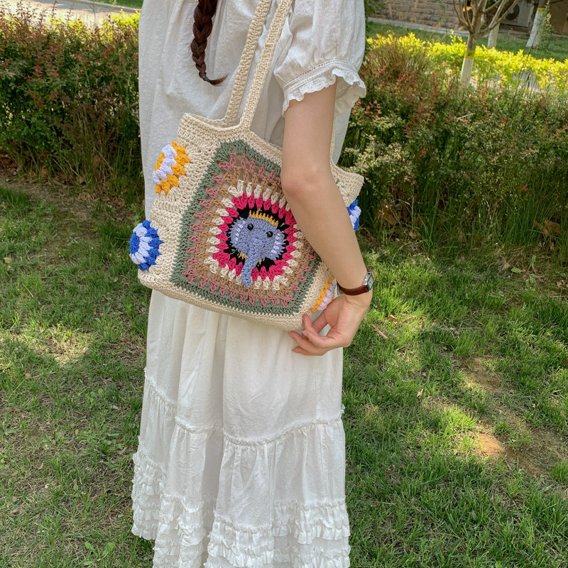 Handmade macrame shoulder bag with elephant design Bowlift