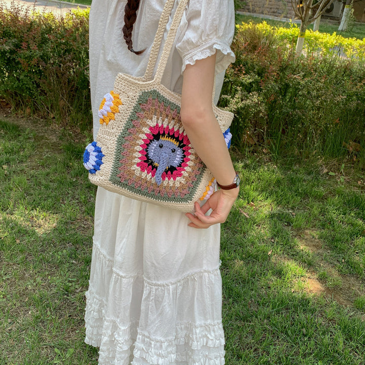 Handmade macrame shoulder bag with elephant design Bowlift