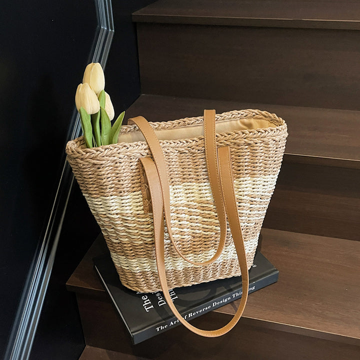 Woven Natural Material Handbag with Leather Accents Bowlift