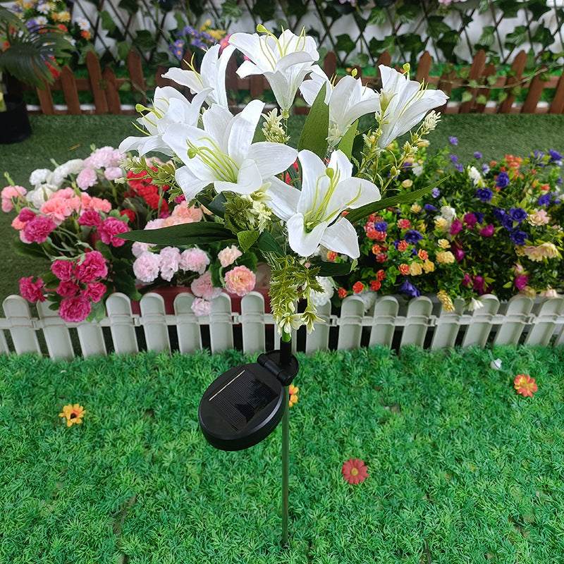 Solar-Powered Lifelike Lily Bloom Landscape Stake With Micro-LED Cluster And Telescopic Ground Spike Bowlift