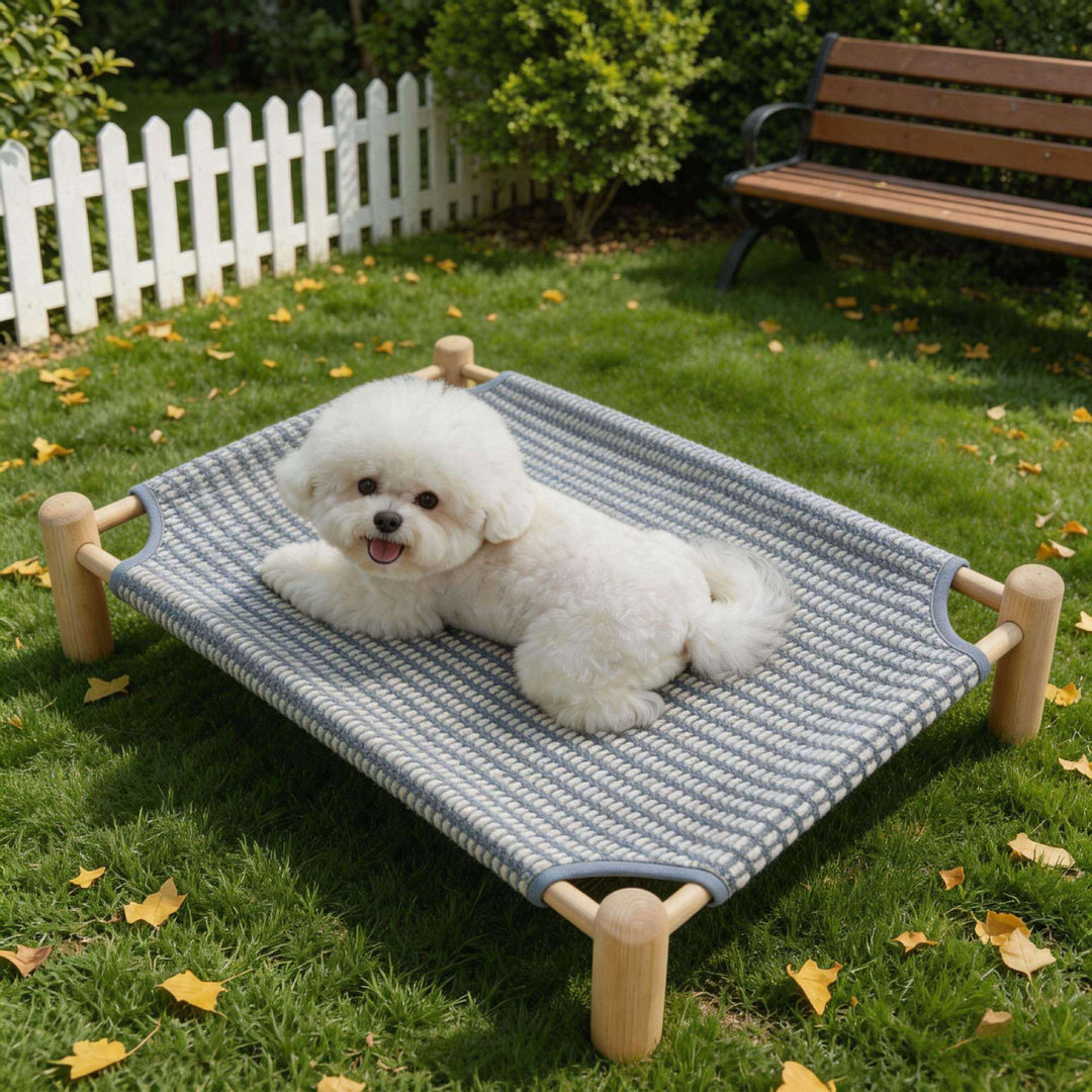 Unisex nan raised wooden pet bed with breathable, woven cover Bowlift
