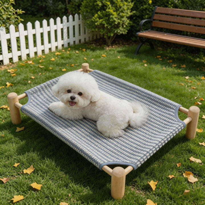 Unisex nan raised wooden pet bed with breathable, woven cover Bowlift