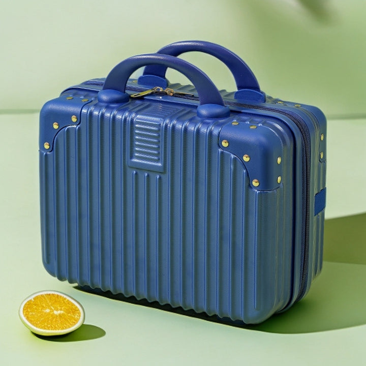 structured hard-shell vanity travel case with faux-leather corner reinforcements and dual top handles Bowlift
