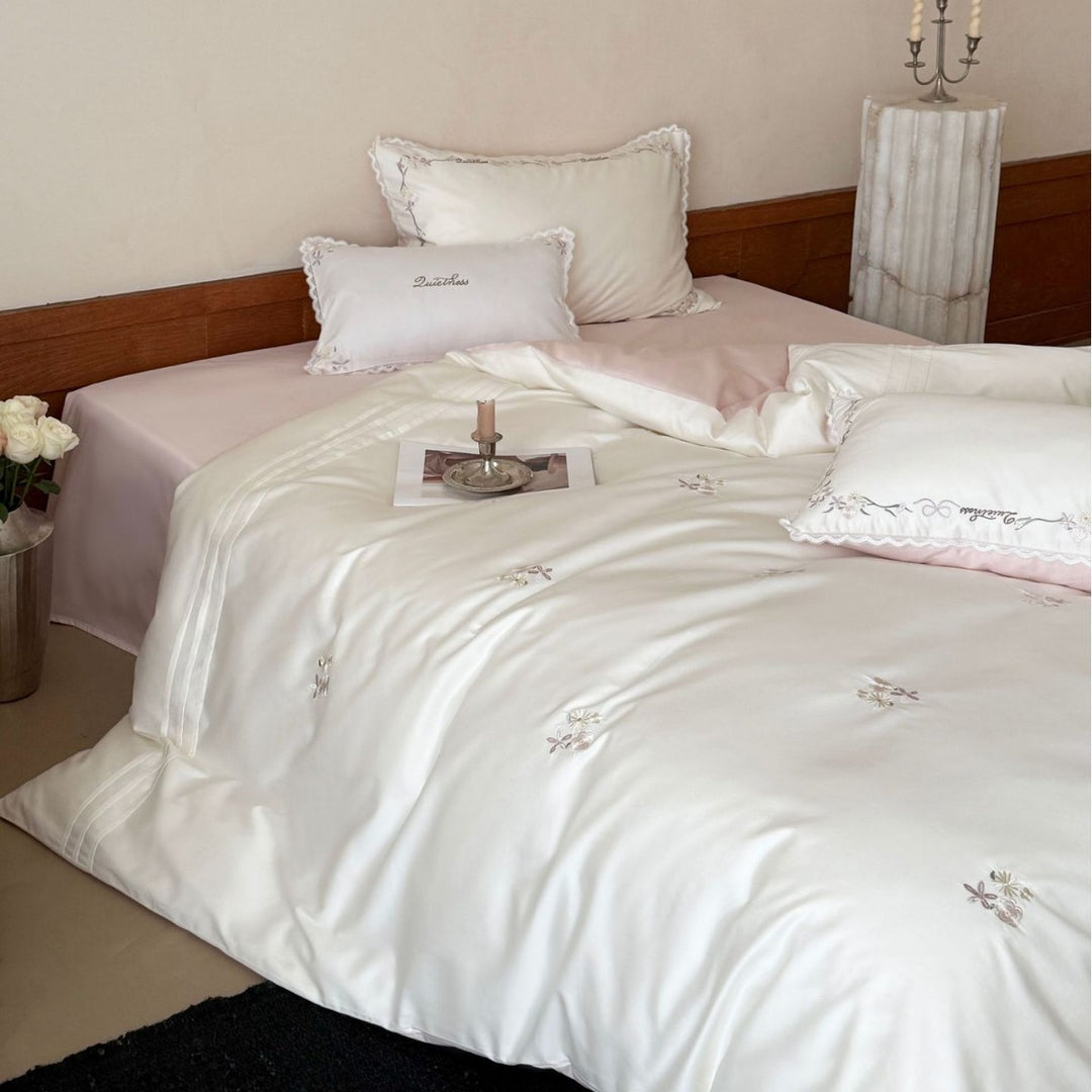 Luxurious fine cotton satin bedding set with delicate flower embroidery and frill pillow Bowlift