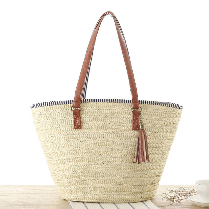 Braided Beach Bag with Elegant Leather Handles Bowlift