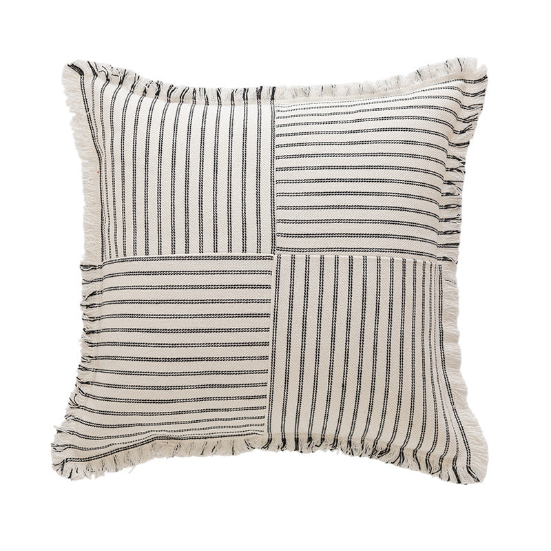Decorative Rectangular Striped Patchwork Throw Pillow with Fringed Edges