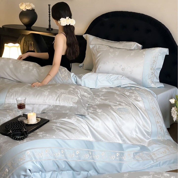Finest satin bed linen set with delicate jacquard floral trim and pleated finish Bowlift