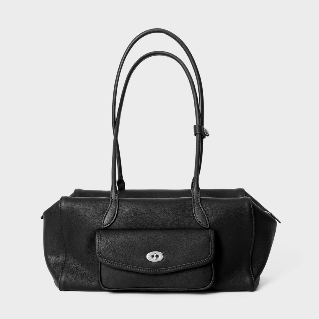 Structured Barrel Tote with Front Turn-Lock Pocket and Double Shoulder Straps