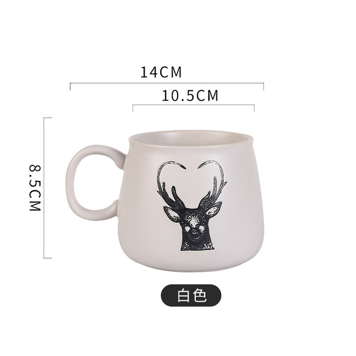 Matte Ceramic Tapered Round Coffee Mug With Deer Head Antler Graphic And Oversized Ergonomic Handle