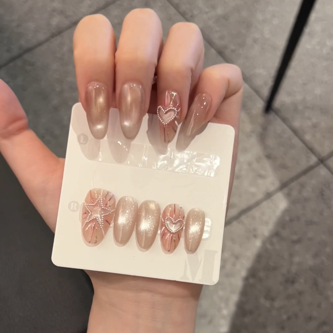 Fashionable Press-On Nail Set with Glamorous Star and Heart Designs Bowlift