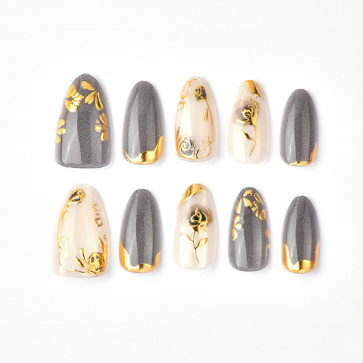 Artificial Nail Set with Elegant Rose Design and Gold Accents Bowlift