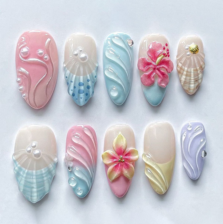 Acrylic Nail Set with Floral and Maritime Accents Bowlift