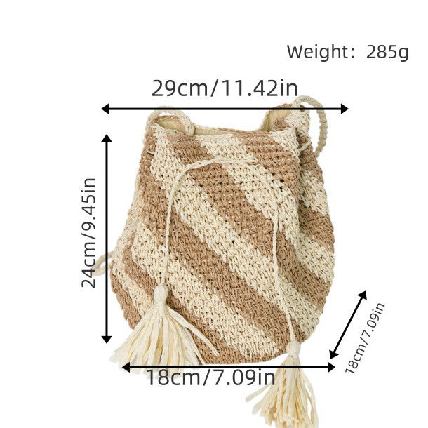 Braided Tote Bag with Tassels and Striped Design Bowlift
