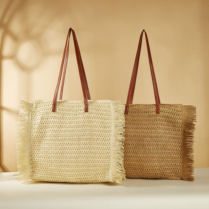 Large Woven Beach Bag with Fringes and Leather Handles Bowlift