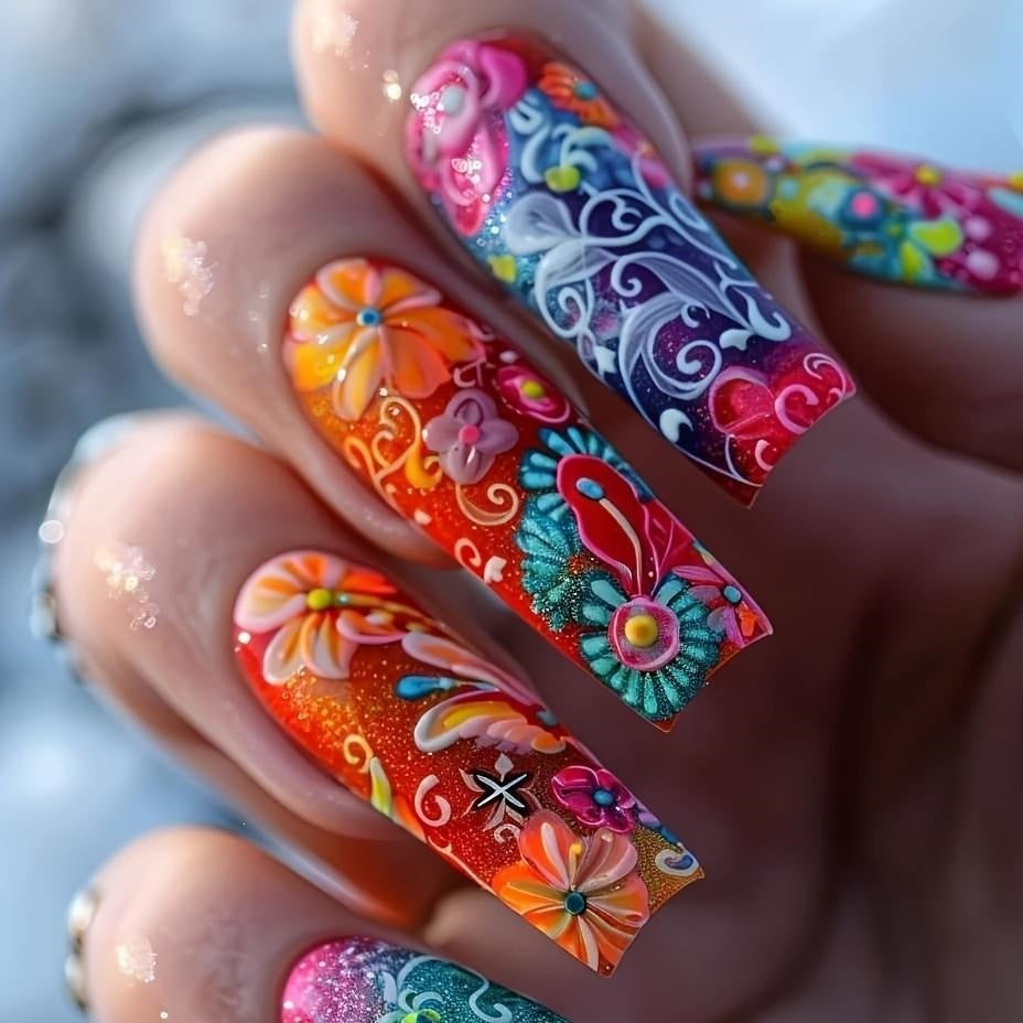 Artificial nails with luxurious 3D flowers and glitter accents Bowlift