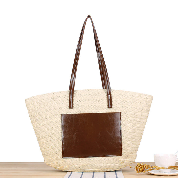 Trendy Beach Bag Made of Woven Straw and Leather Accents Bowlift