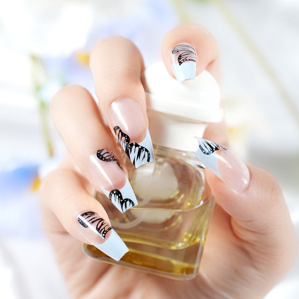 Artistic Long Coffin Press-On Nails with Butterfly Design Bowlift