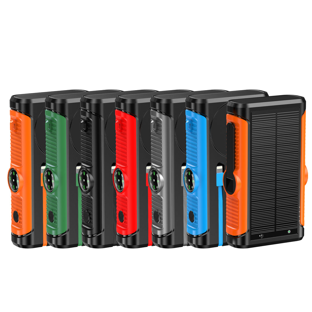 Portable solar battery with integrated hand crank charger Bowlift
