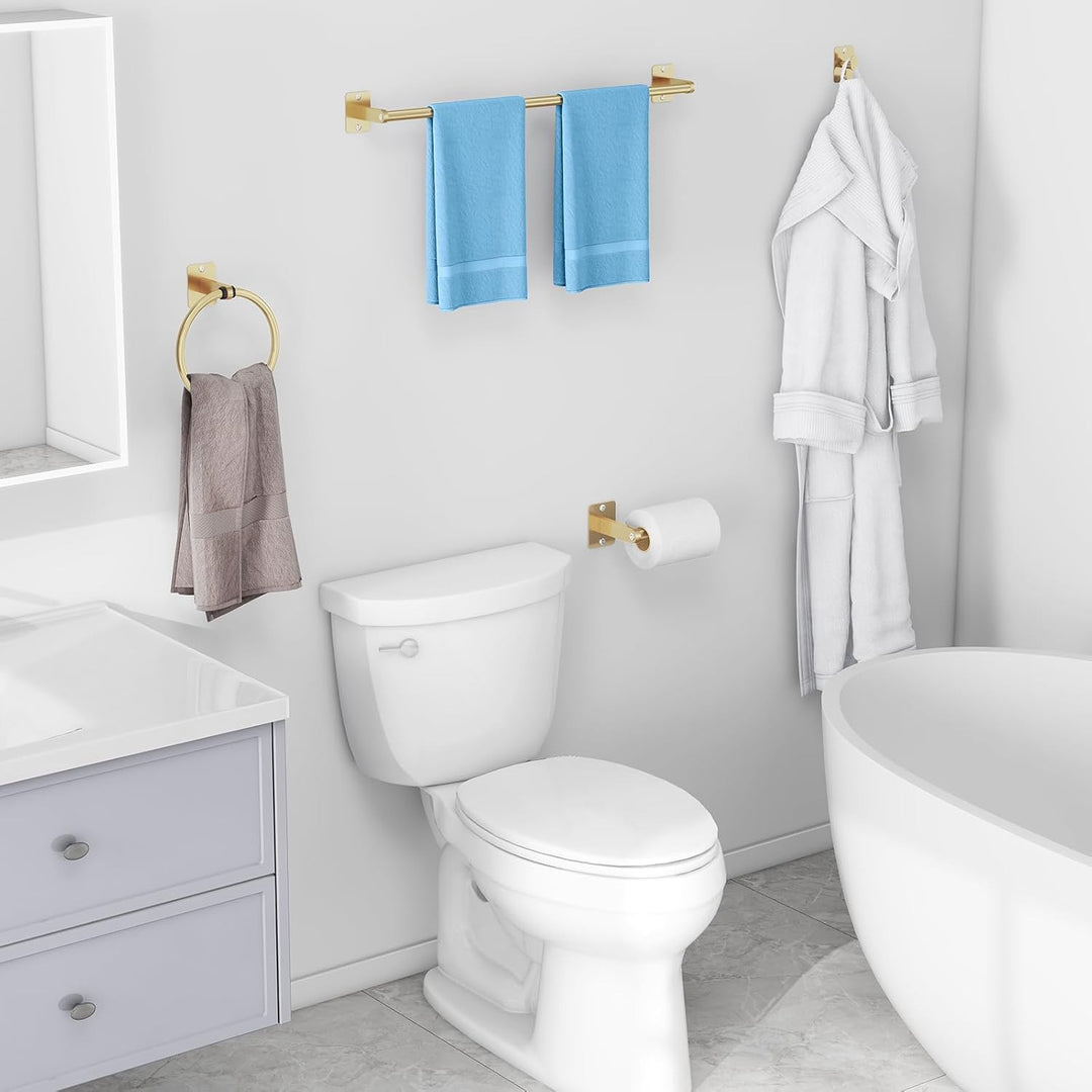 Modern wall-mounted bathroom accessory set with towel bar ring robe hooks and toilet paper holder Bowlift