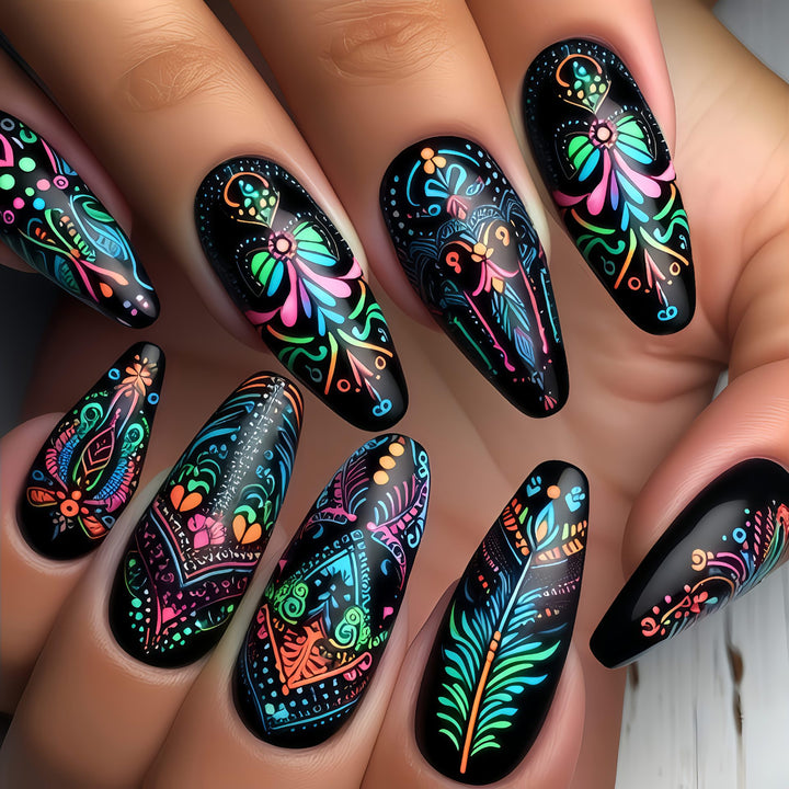 Art nails with delicate floral design and vibrant color plays Bowlift