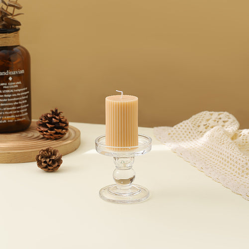 Ribbed Decorative Pillar Candle with Crystal Glass Pedestal Holder