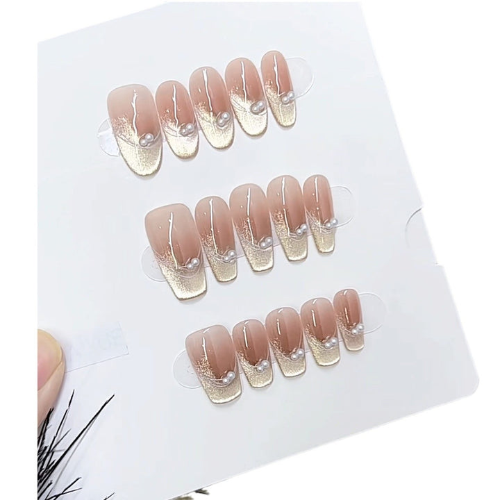 Elegant Press-On Nail Set with Pearls Bowlift