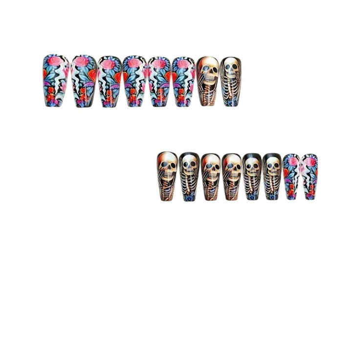 Creative artificial nails with skeleton and flower motifs Bowlift