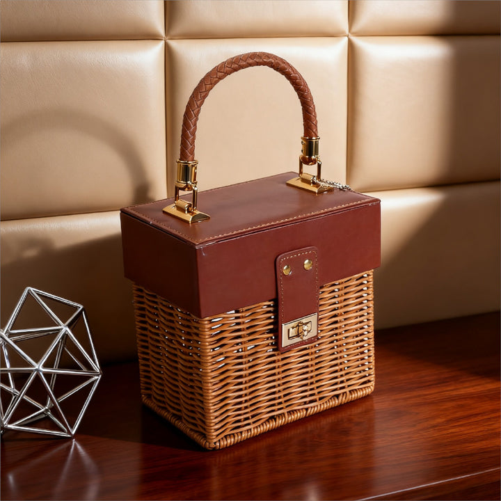 Women Stylish Basket with Elegant Leather Lid and Woven Design Bowlift