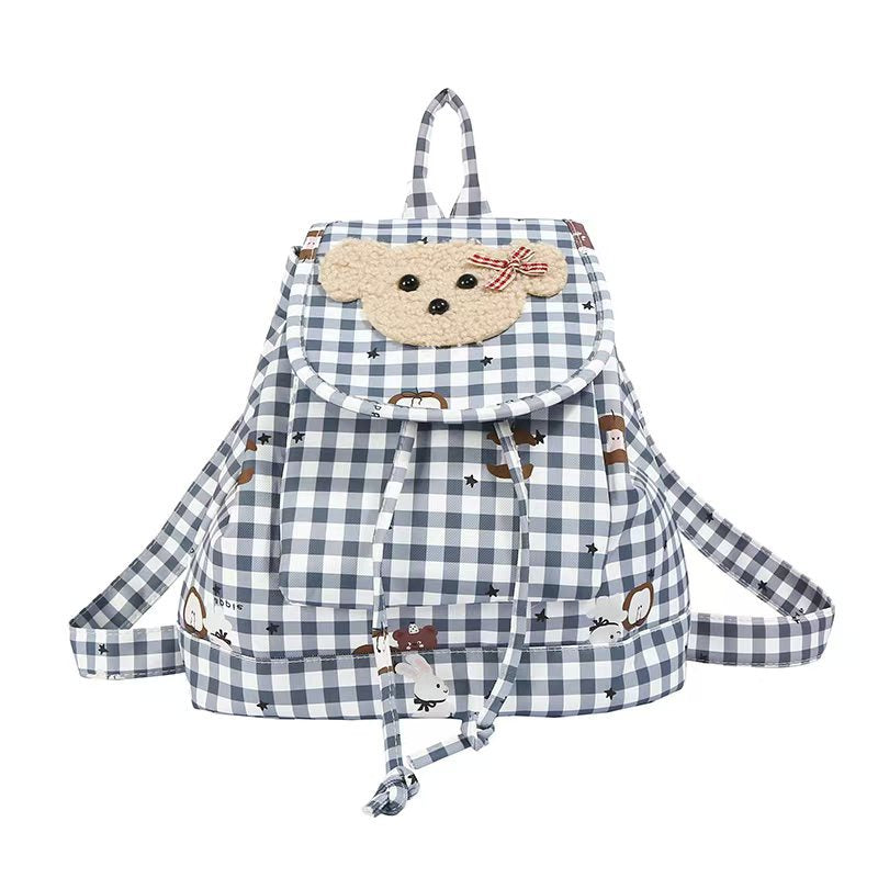 Backpack with Charming Plush Bear Motif and Playful Checkered Pattern Bowlift