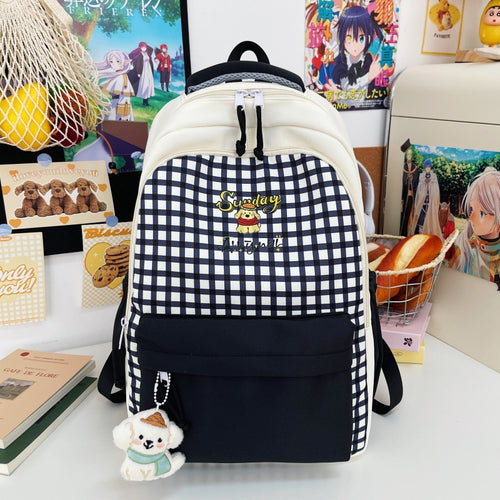 Checked Patterned Multi-Compartment School Backpack