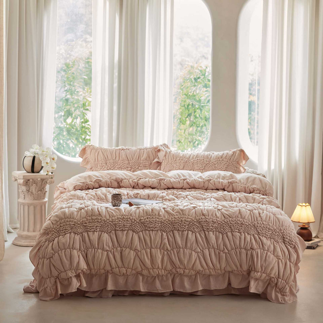 Luxurious cotton bedding set with ruffles and smocking look