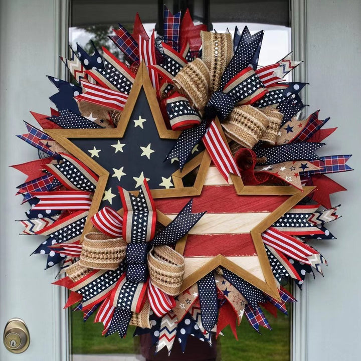 Unisex nan handcrafted patriotic star wreath with layered wooden stars, burlap ribbons and wired accents Bowlift