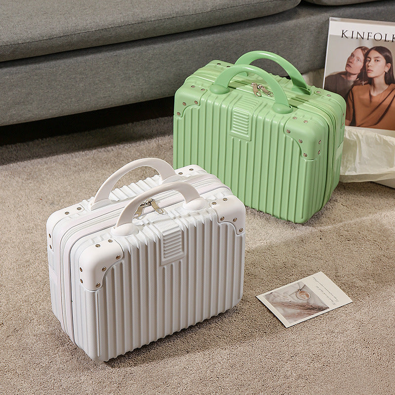 compact hard-shell travel vanity cosmetic and tech organizer with ribbed shell reinforced corners removable padded insert Bowlift