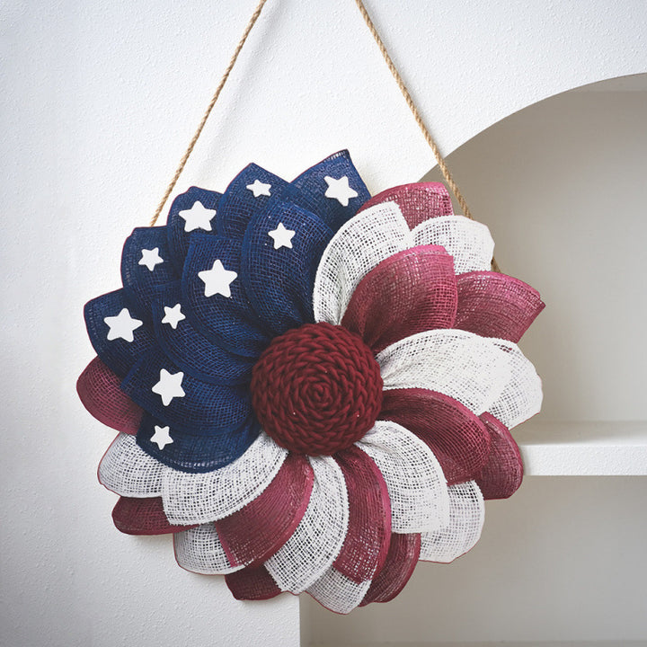 Unisex nan patriotic mesh sunflower wreath with star cutouts and rustic rope hanger Bowlift