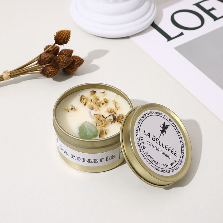 Hand-Poured Soy Tin Candle with Embedded Crystal and Dried Flower Accents