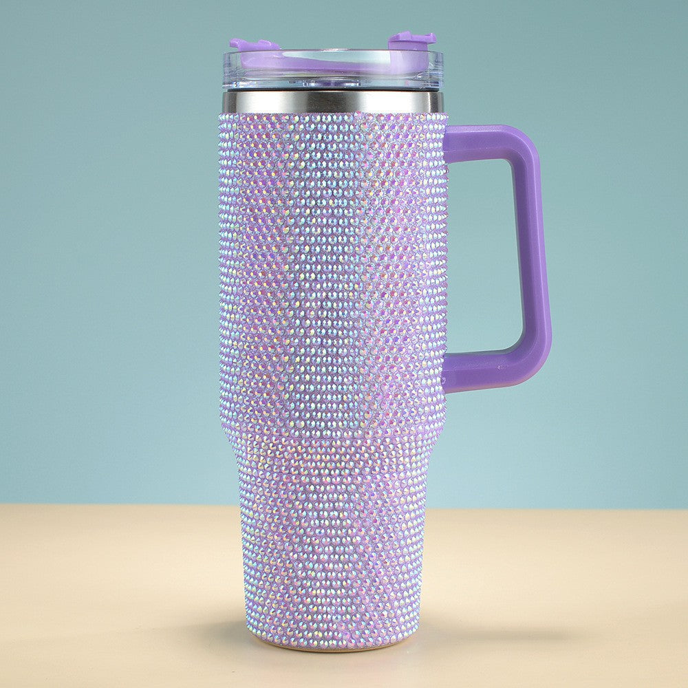 Insulated Stainless Steel Rhinestone Travel Tumbler With Ergonomic Handle And Spill-Resistant Lid