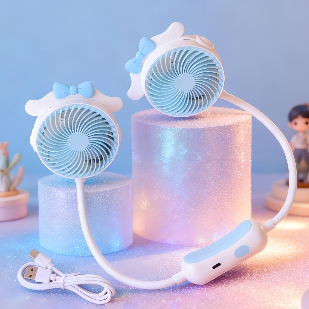 Unisex portable double-neck fan with flexible gooseneck, rechargeable battery and quiet motor Bowlift