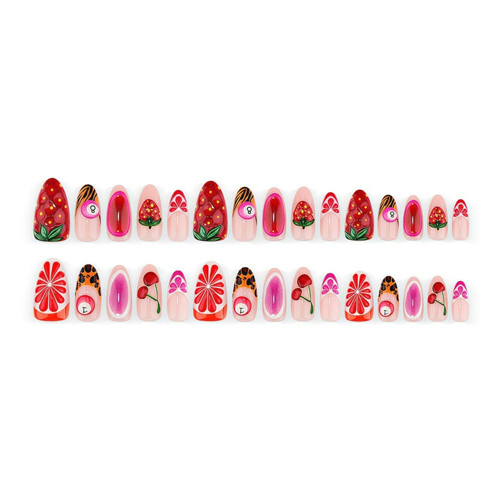 Artificial nails with fruity motifs andGloss finish Bowlift