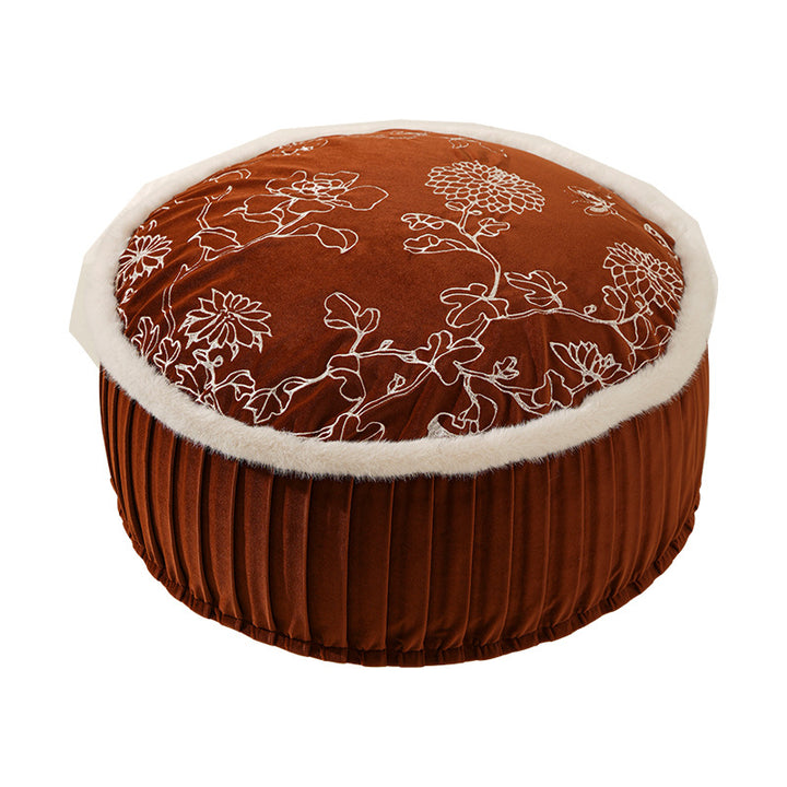 Round velvet floor pouf with floral embroidered top and faux fur trim Bowlift