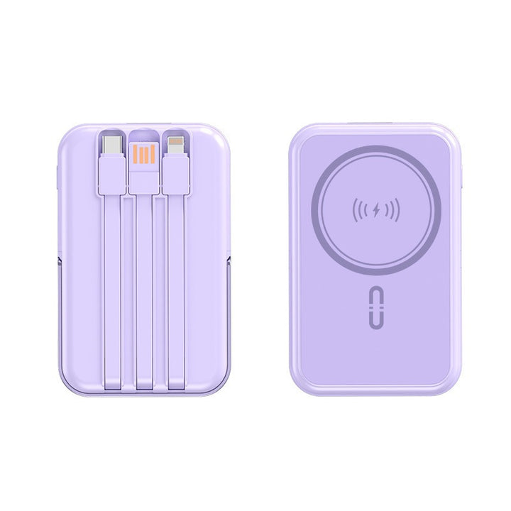 Portable power bank with integrated charging cable and wireless charging function Bowlift