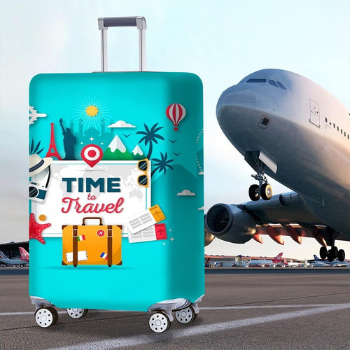 Unisex nan elastic motive suitcase protection in retro travel poster design with zipper and anti-slip attachment for spinner trolleys Bowlift